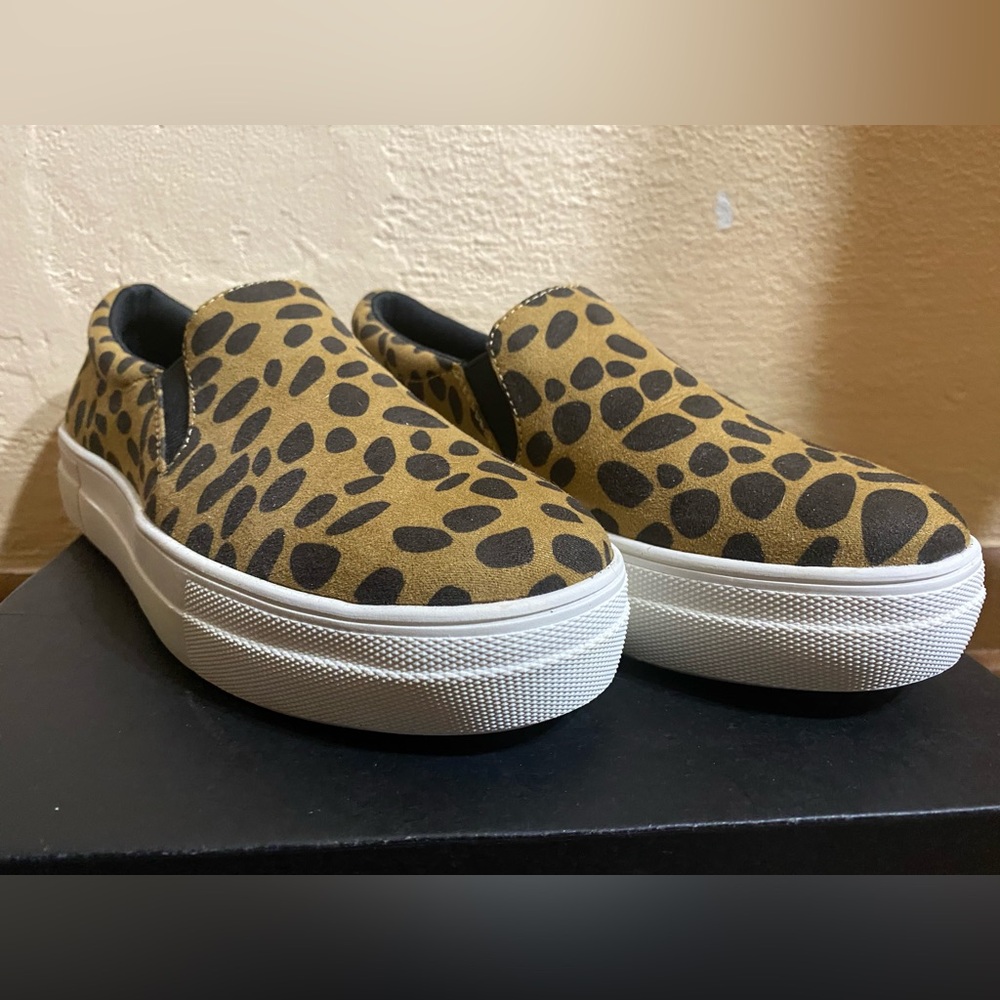 Leopard print platform slip ons